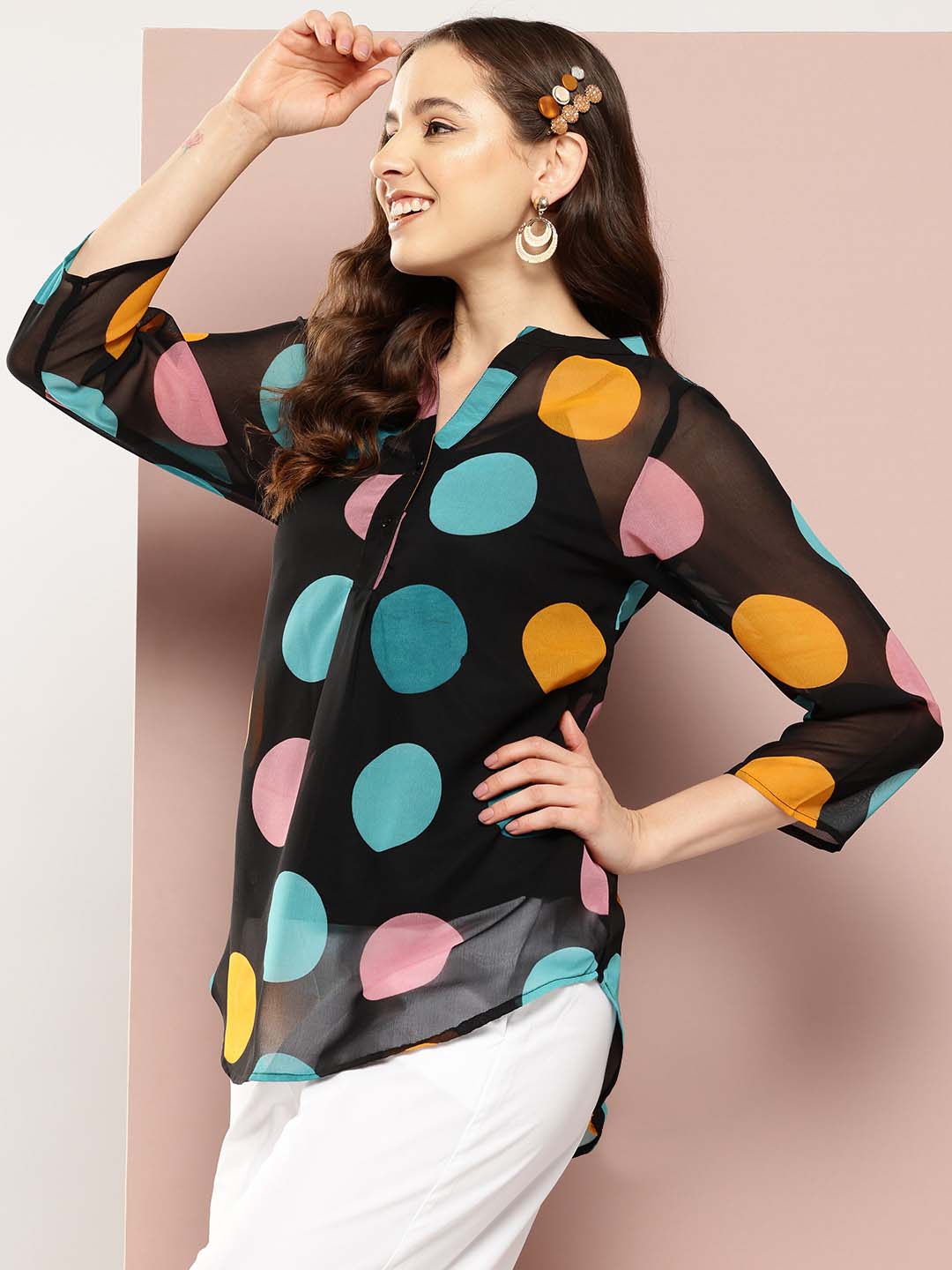 Multi big polka georgette half placket mandarin collar shirt