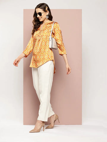 Orange geometric print half placket shirt