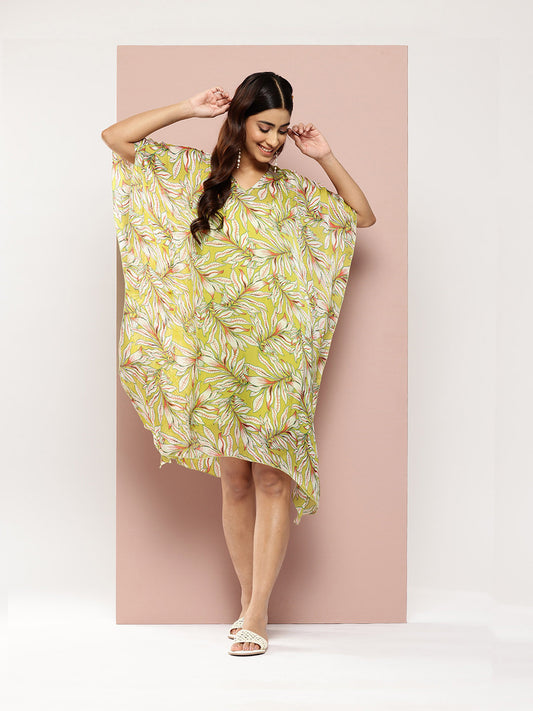 Neon green tropical print kaftan