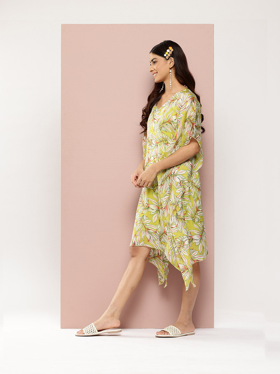 Neon green tropical print kaftan