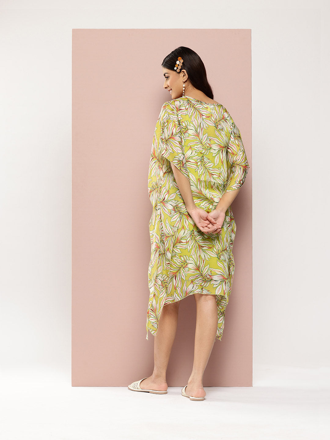 Neon green tropical print kaftan