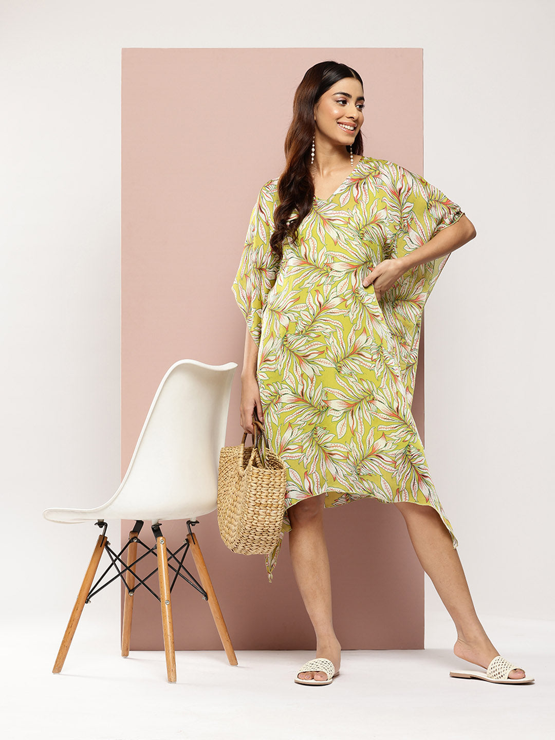 Neon green tropical print kaftan