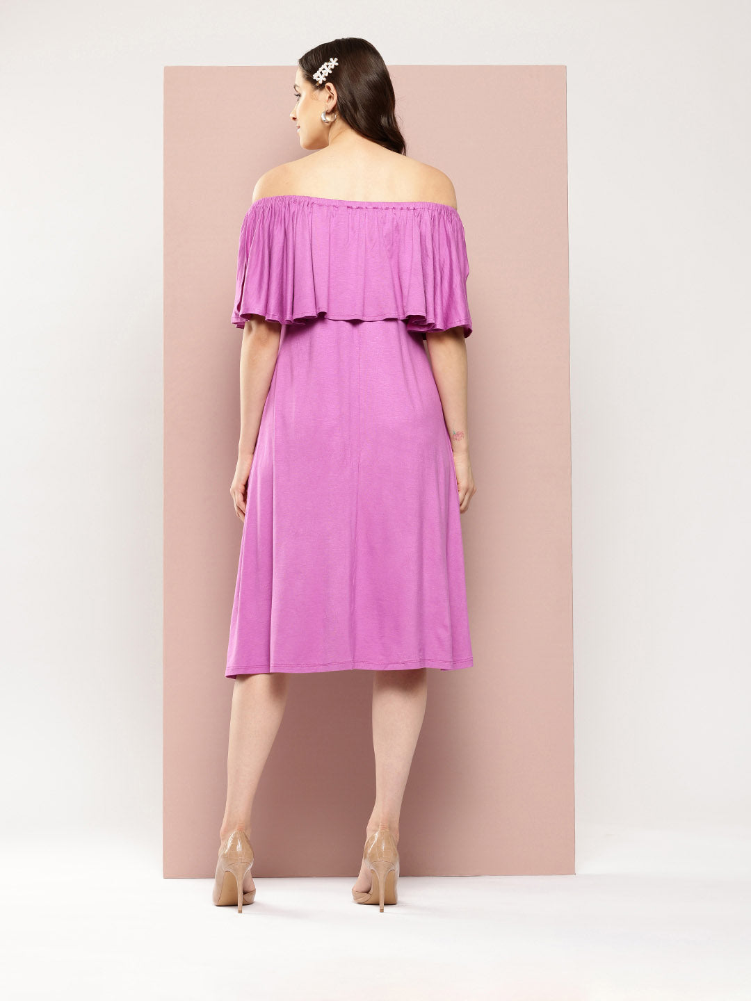 Mauve, Off -shoulder ruffle jersey midi dress