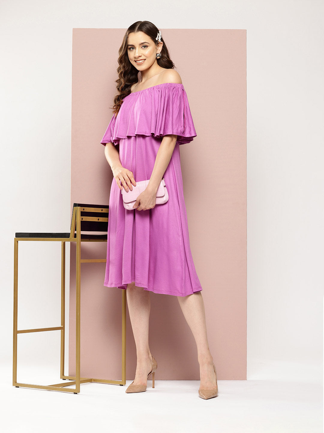 Mauve, Off -shoulder ruffle jersey midi dress