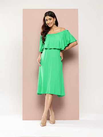 Green Off -shoulder ruffle jersey midi dress