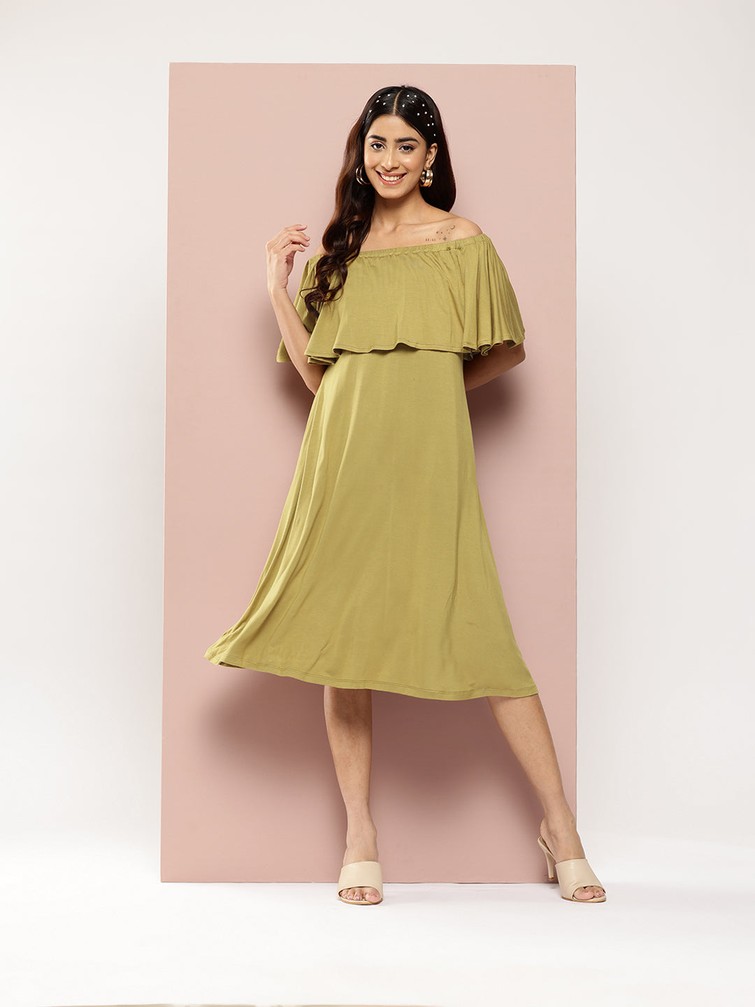 Olive Off -shoulder ruffle jersey midi dress