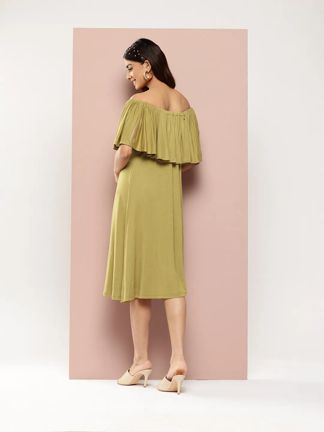 Olive Off -shoulder ruffle jersey midi dress