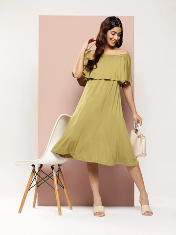 Olive Off -shoulder ruffle jersey midi dress