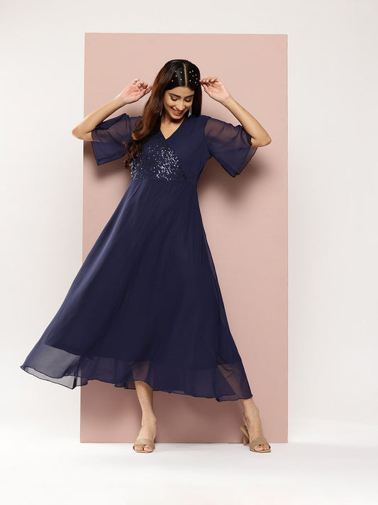 Elegant Navy Georgette party maxi dress