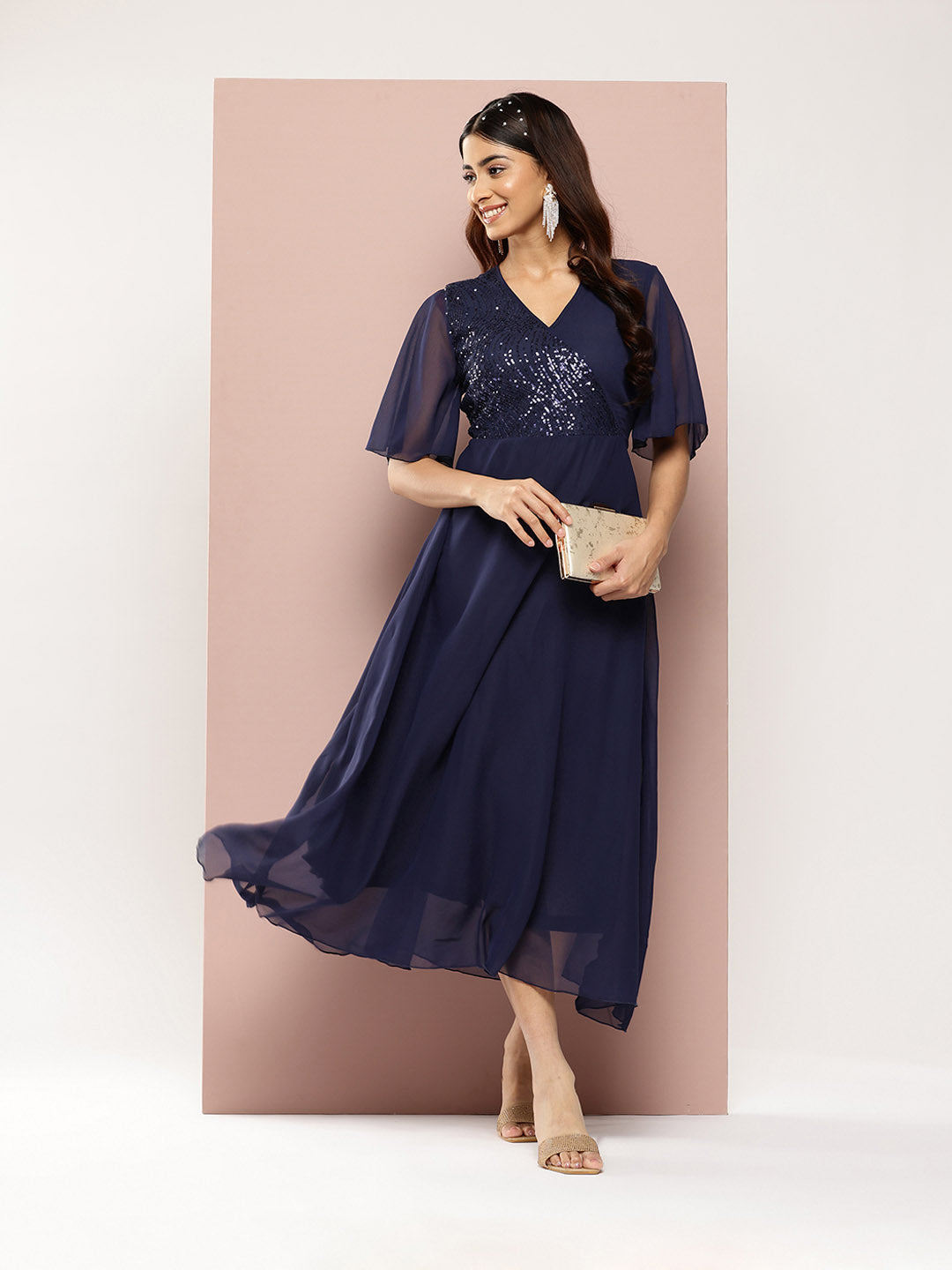 Elegant Navy Georgette party maxi dress