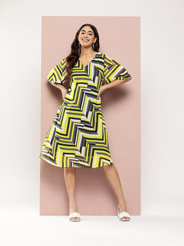 Neon Yellow abstract print A-Line dress