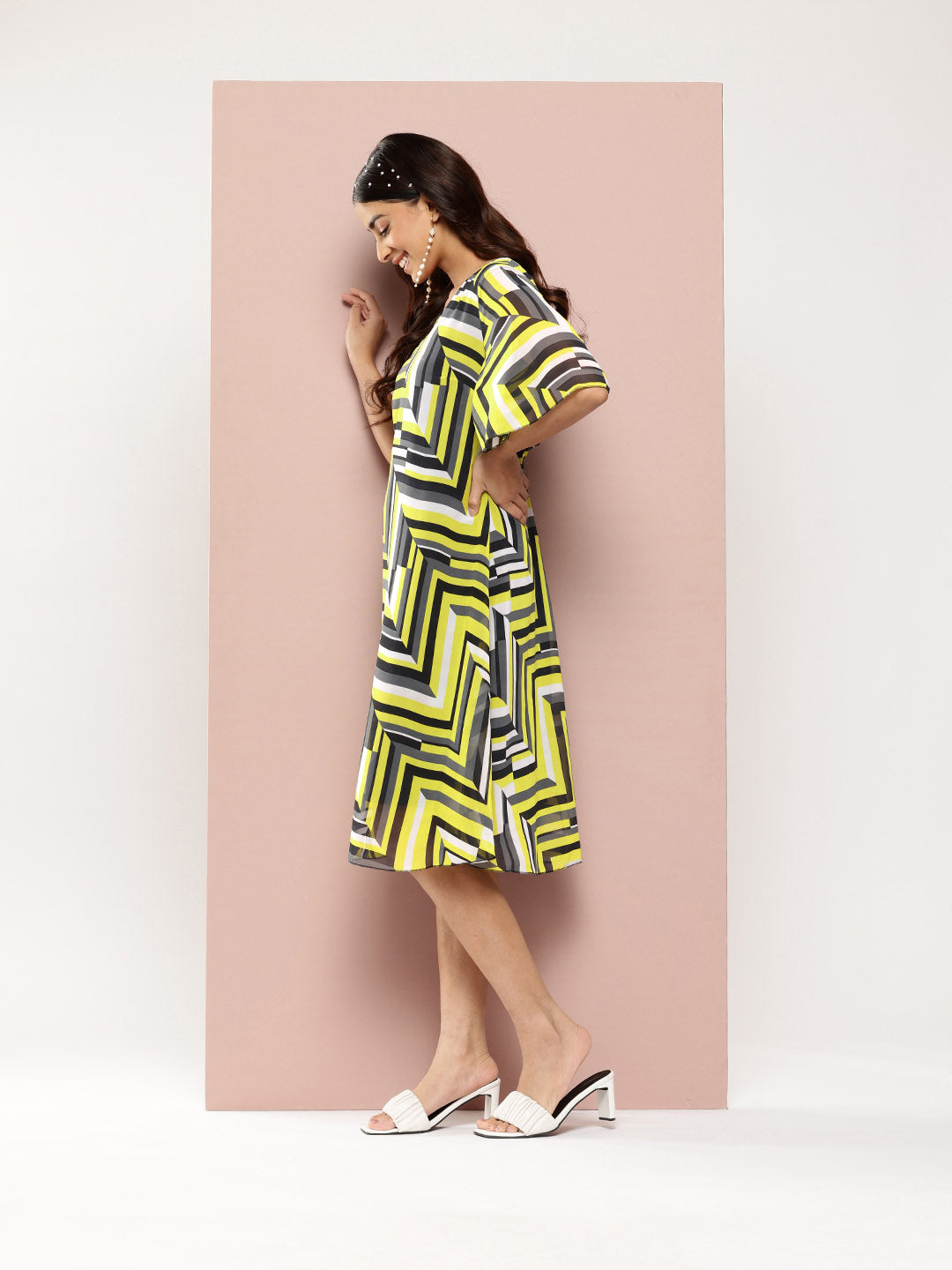 Neon Yellow abstract print A-Line dress