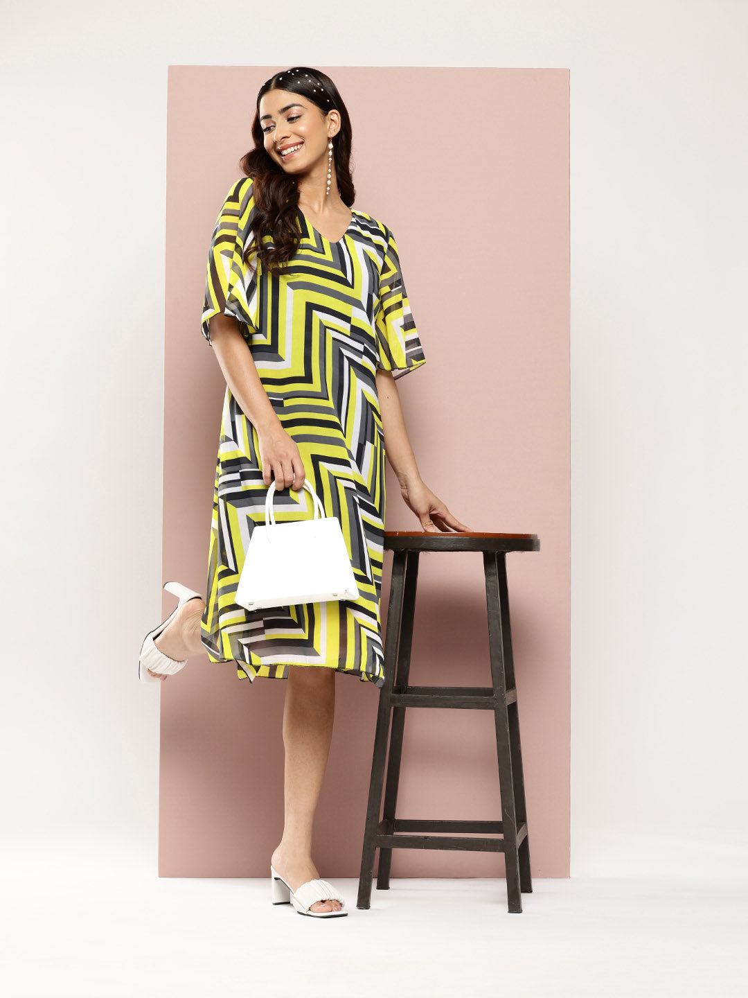 Neon Yellow abstract print A-Line dress