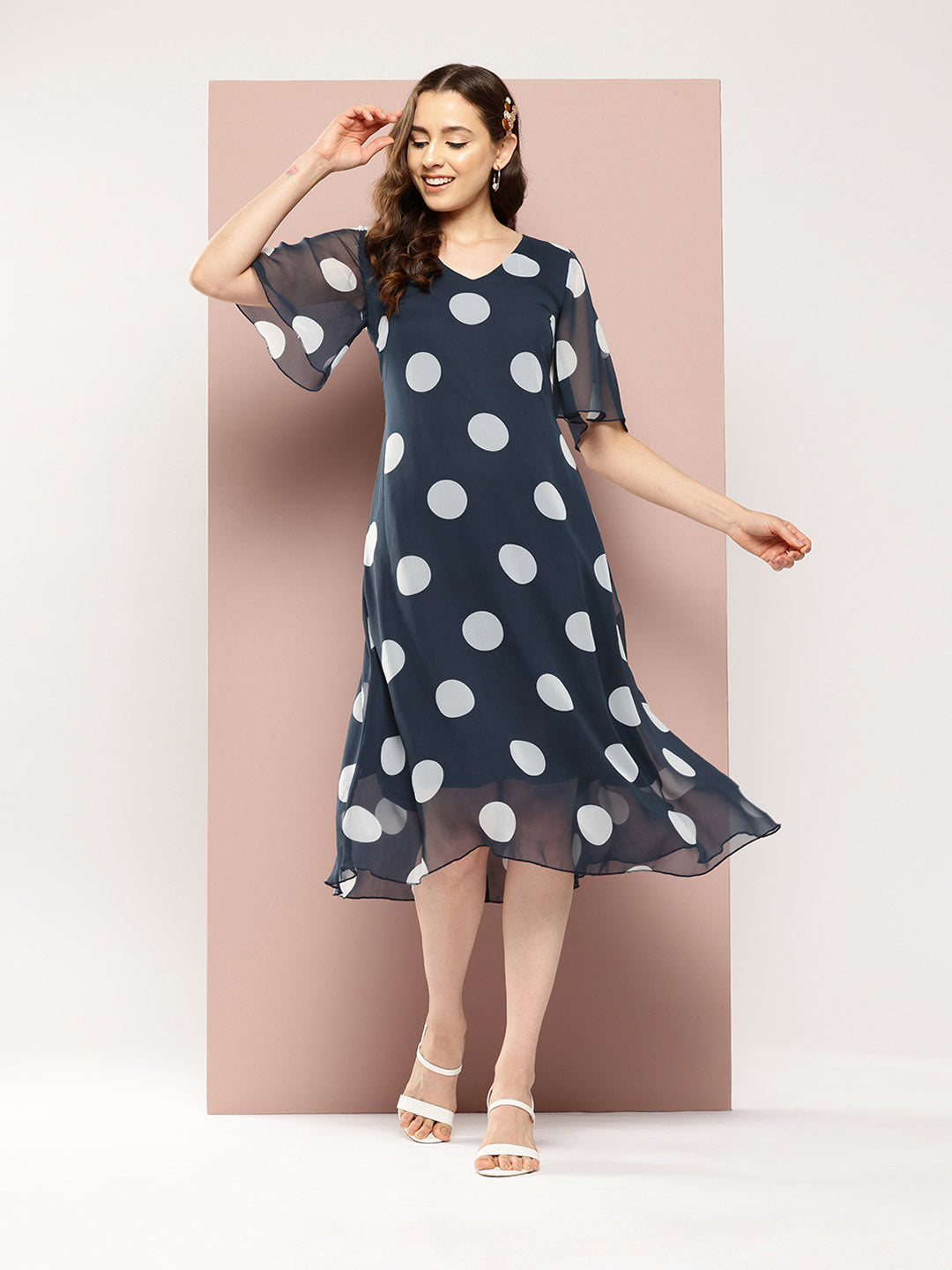 Navy and White Big polka georgette V-neck A-line calf-length dress