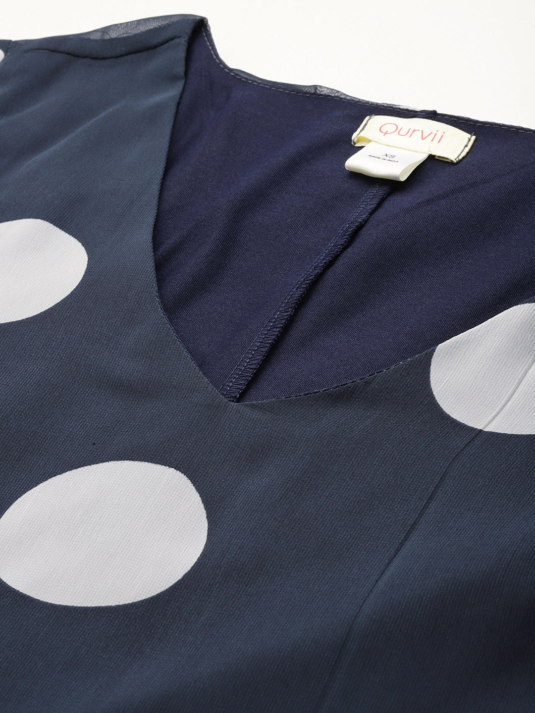 Navy and White Big polka georgette V-neck A-line calf-length dress