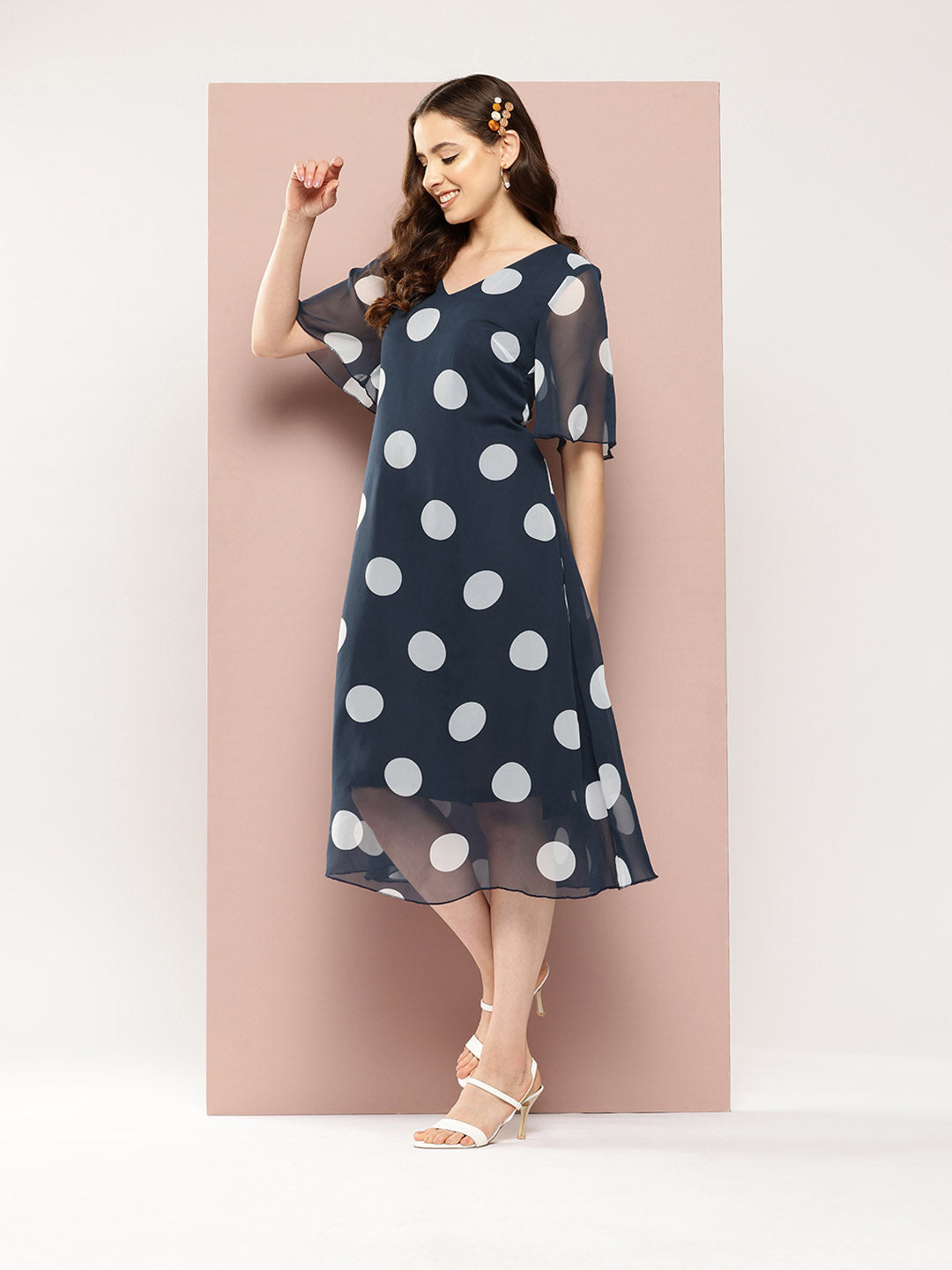 Navy and White Big polka georgette V-neck A-line calf-length dress