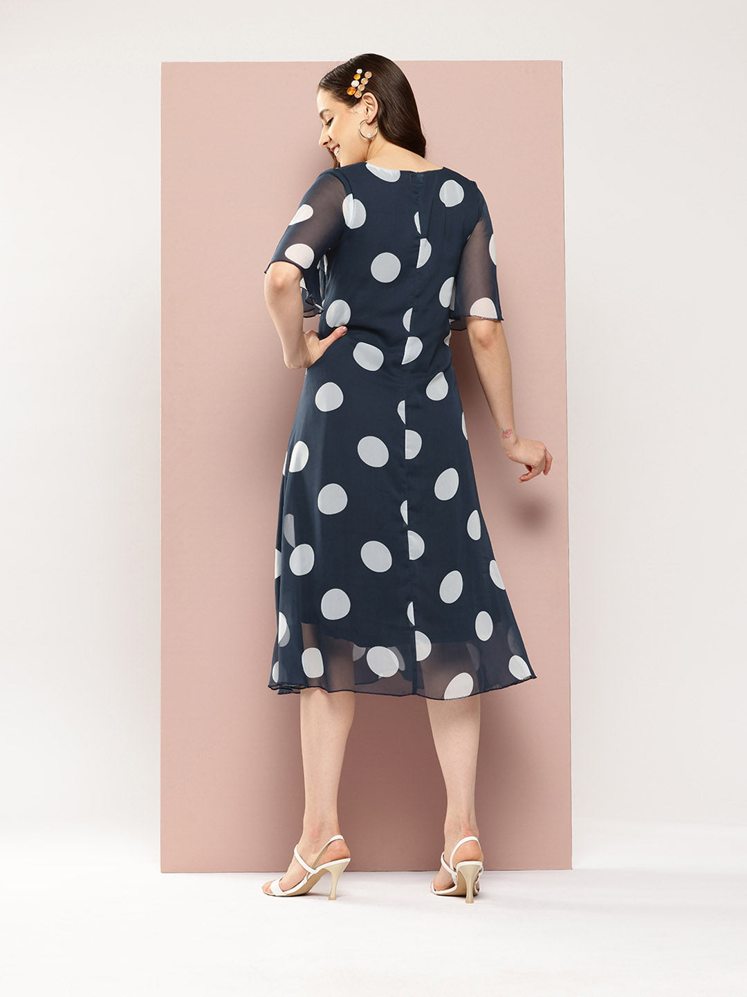 Navy and White Big polka georgette V-neck A-line calf-length dress