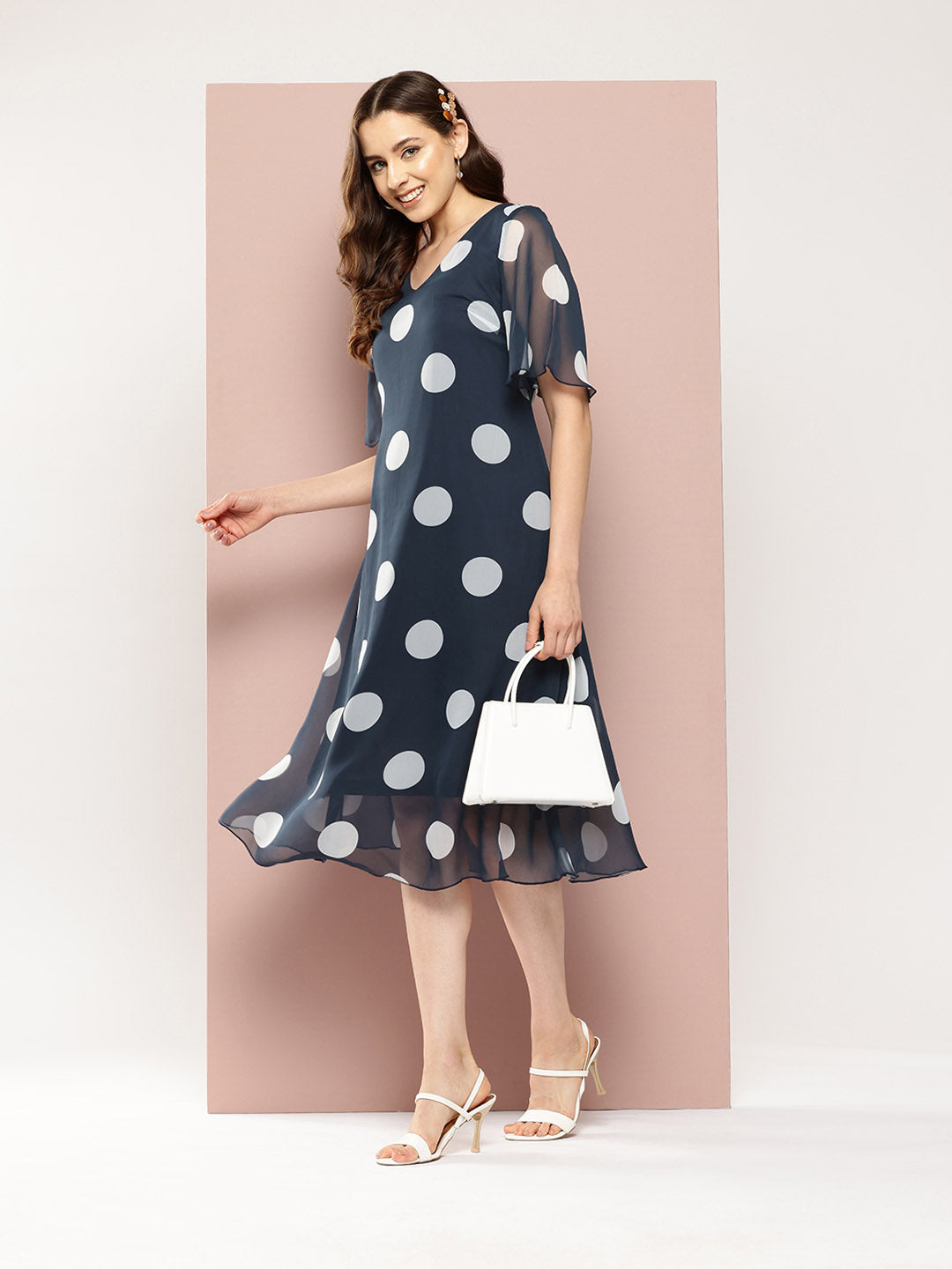 Navy and White Big polka georgette V-neck A-line calf-length dress