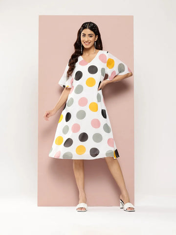 Multi Big polka georgette V-neck A-line calf-length dress