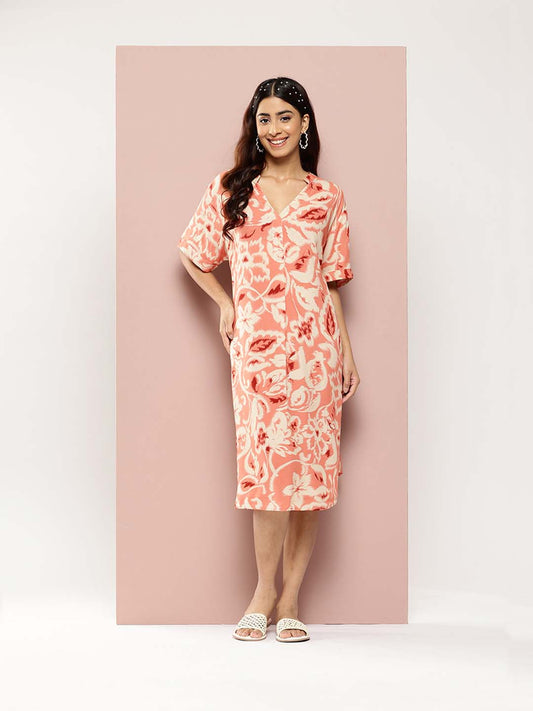 Printed Rayon half-placket mandarin collar calf-length dress