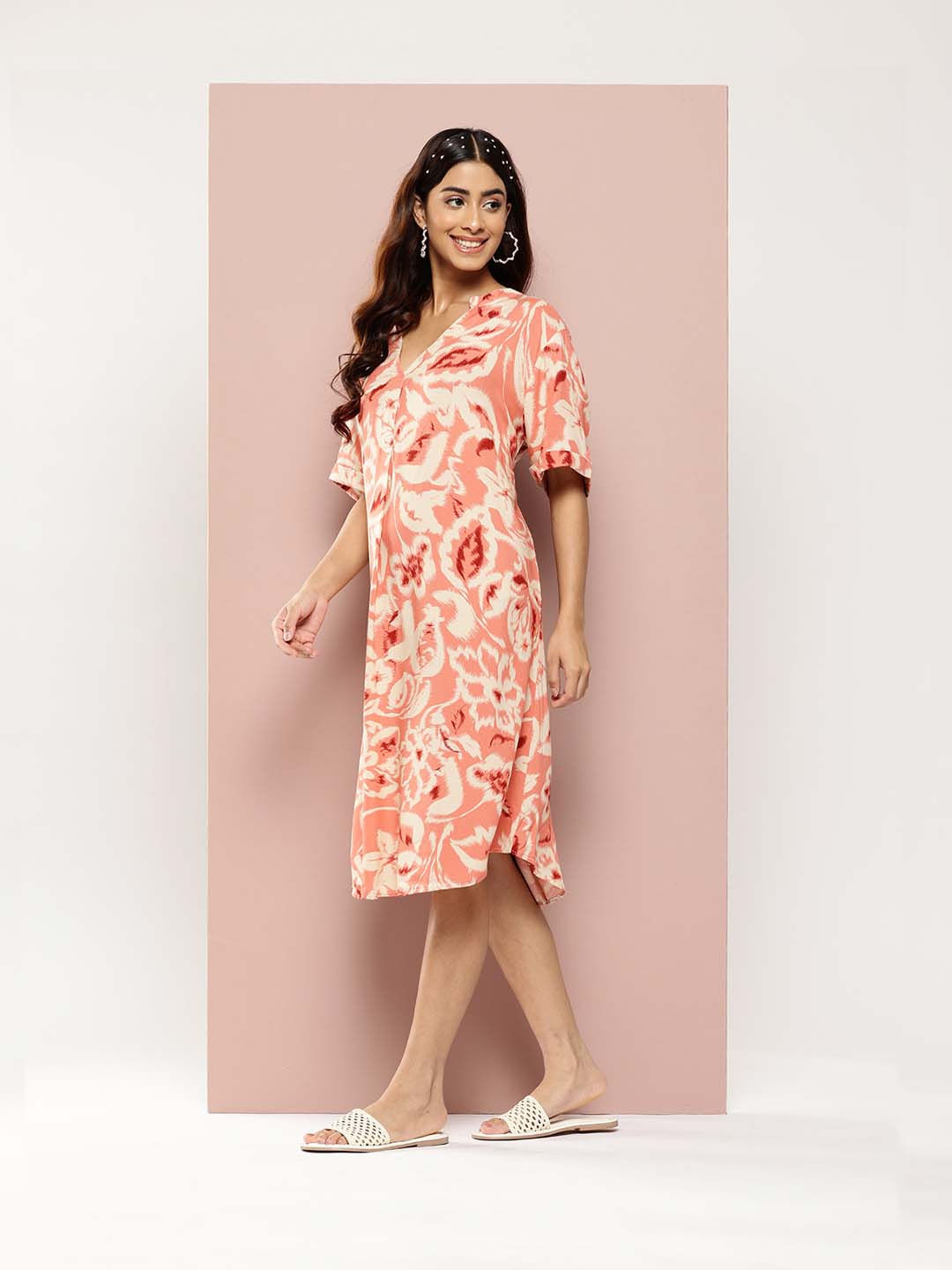 Printed Rayon half-placket mandarin collar calf-length dress