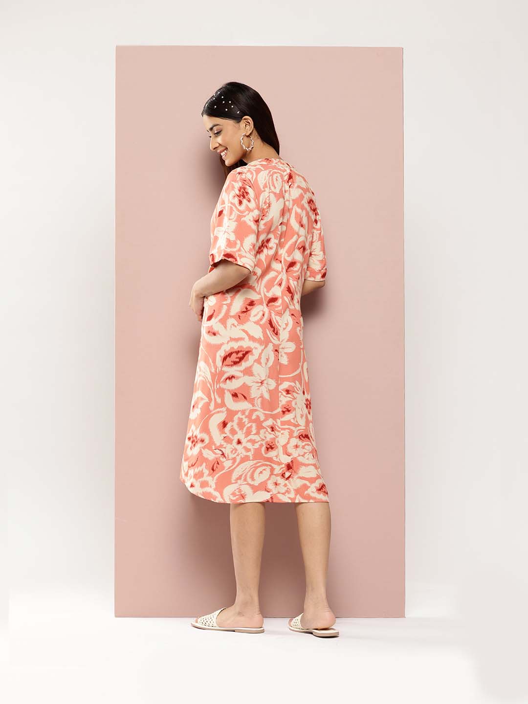 Printed Rayon half-placket mandarin collar calf-length dress