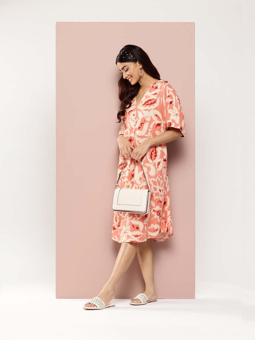 Printed Rayon half-placket mandarin collar calf-length dress