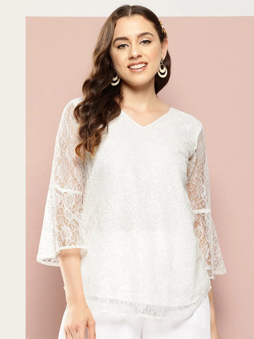 Ivory-colored net V-neck top