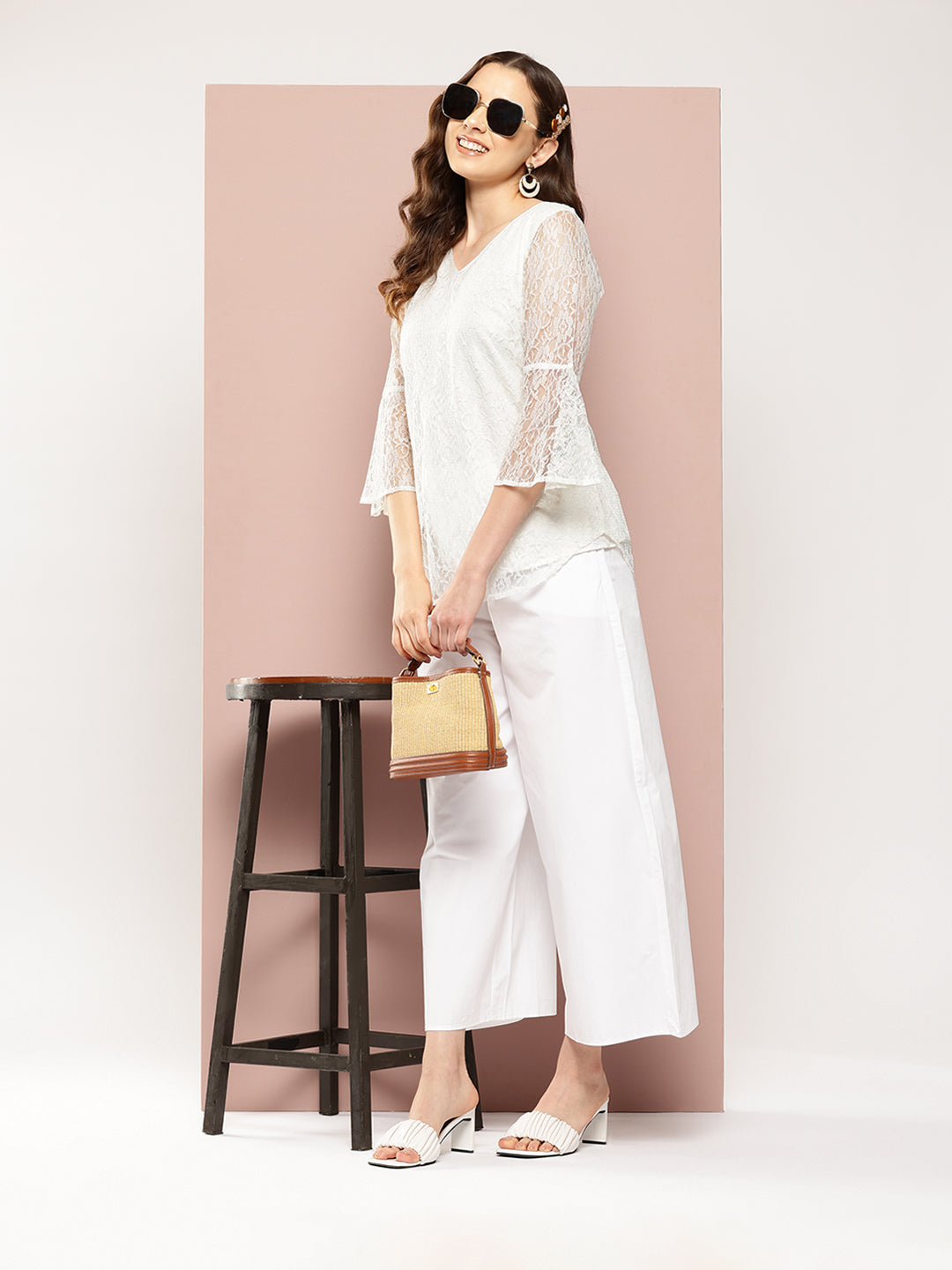 Ivory-colored net V-neck top