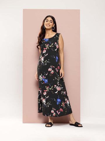 Black and red floral A-line dress