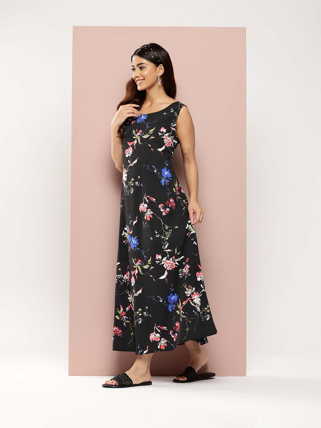 Black and red floral A-line dress