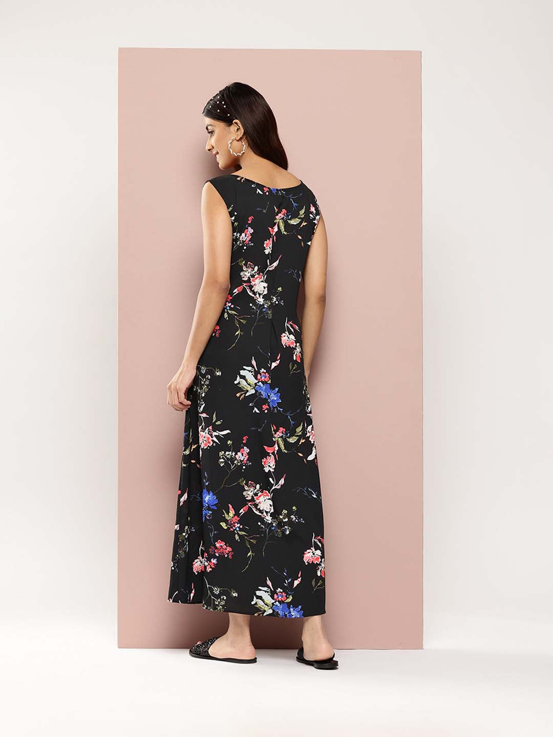 Black and red floral A-line dress