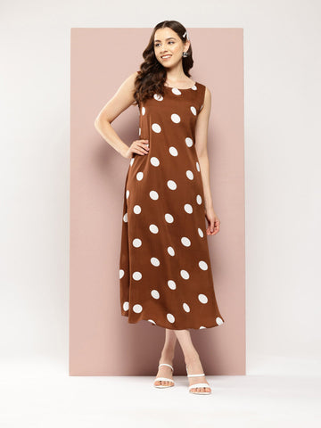 Brown and white big polka A-line dress