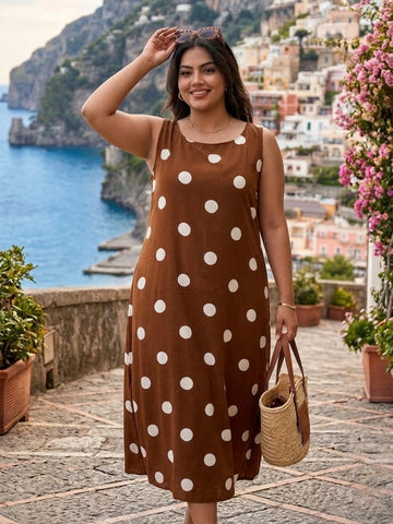 Brown and white big polka A-line dress
