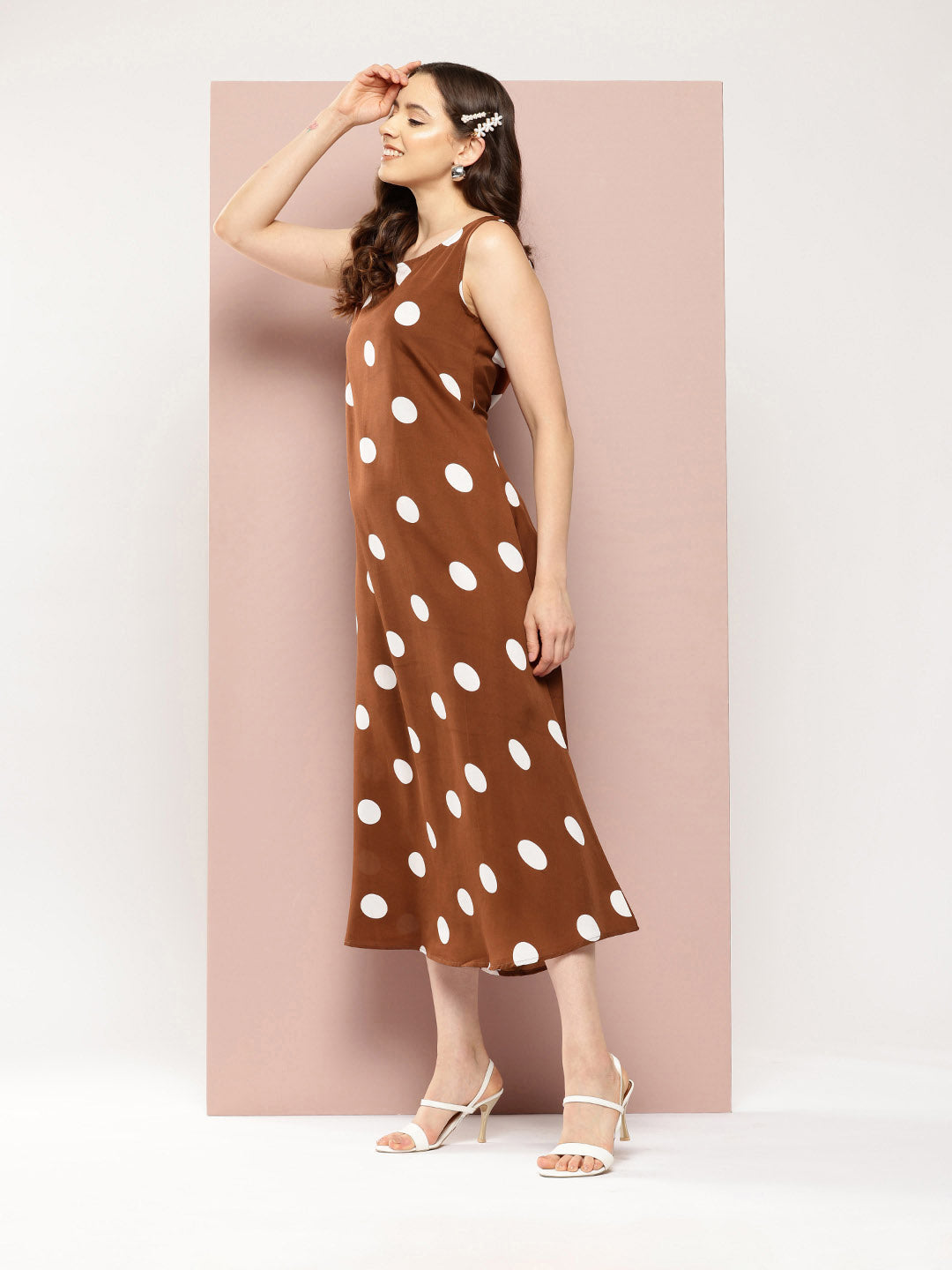 Brown and white big polka A-line dress