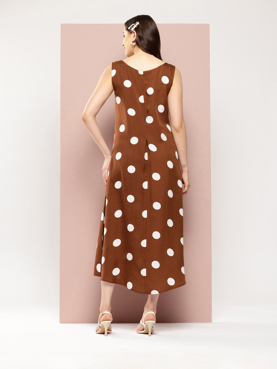 Brown and white big polka A-line dress