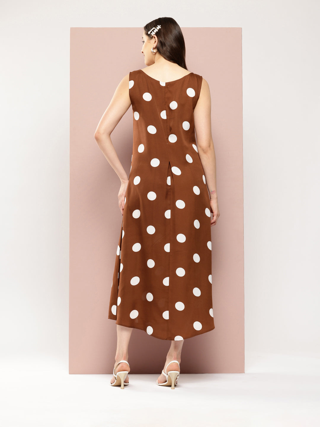 Brown and white big polka A-line dress