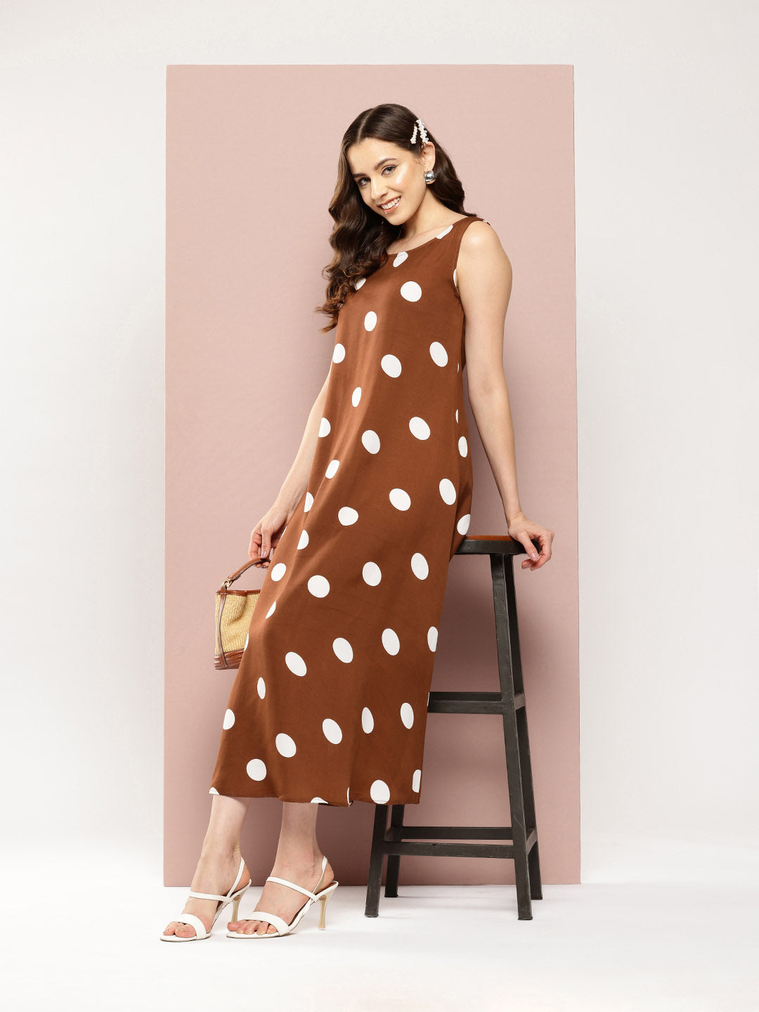 Brown and white big polka A-line dress