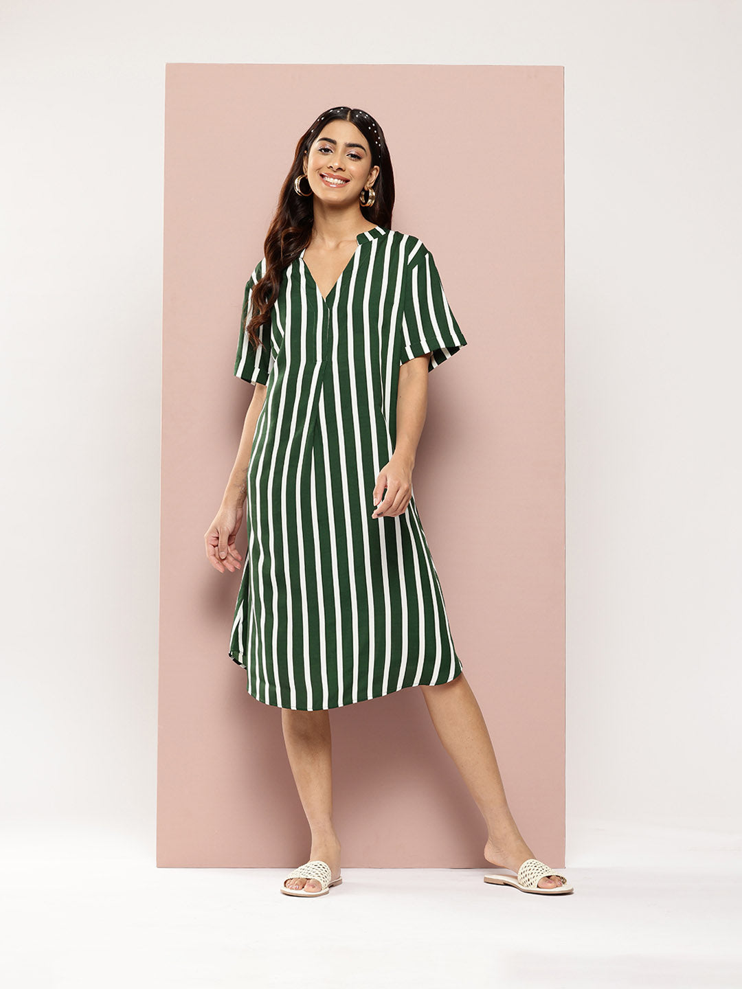 Green & White stripe half-placket mandarin collar calf-length oversized dress