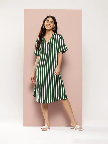Green & White stripe half-placket mandarin collar calf-length oversized dress