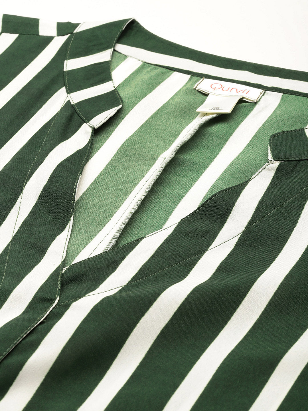 Green & White stripe half-placket mandarin collar calf-length oversized dress