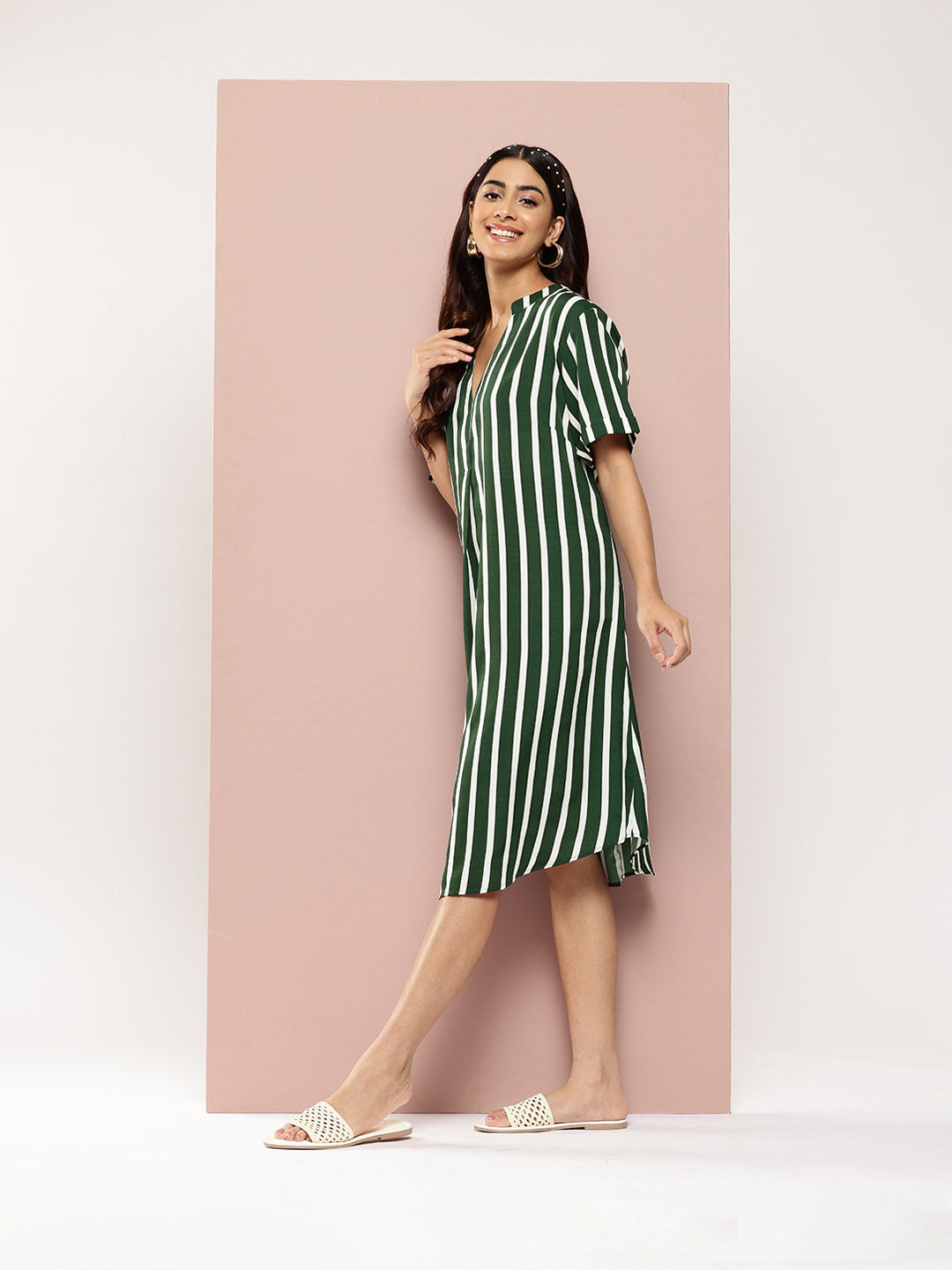 Green & White stripe half-placket mandarin collar calf-length oversized dress