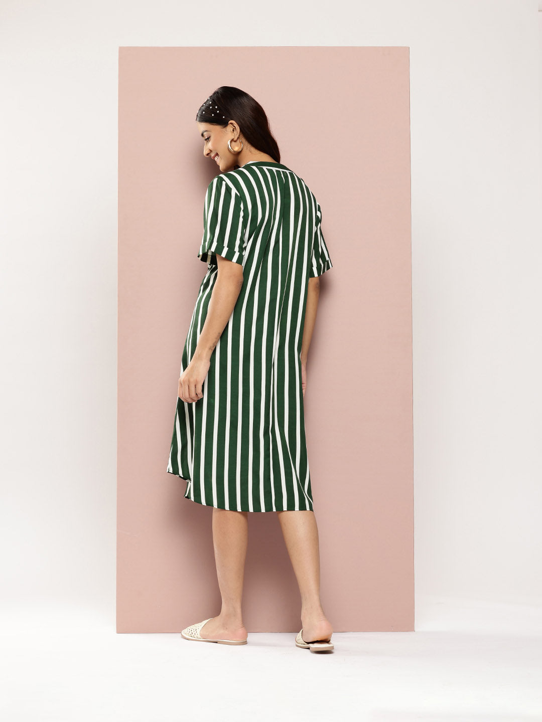 Green & White stripe half-placket mandarin collar calf-length oversized dress