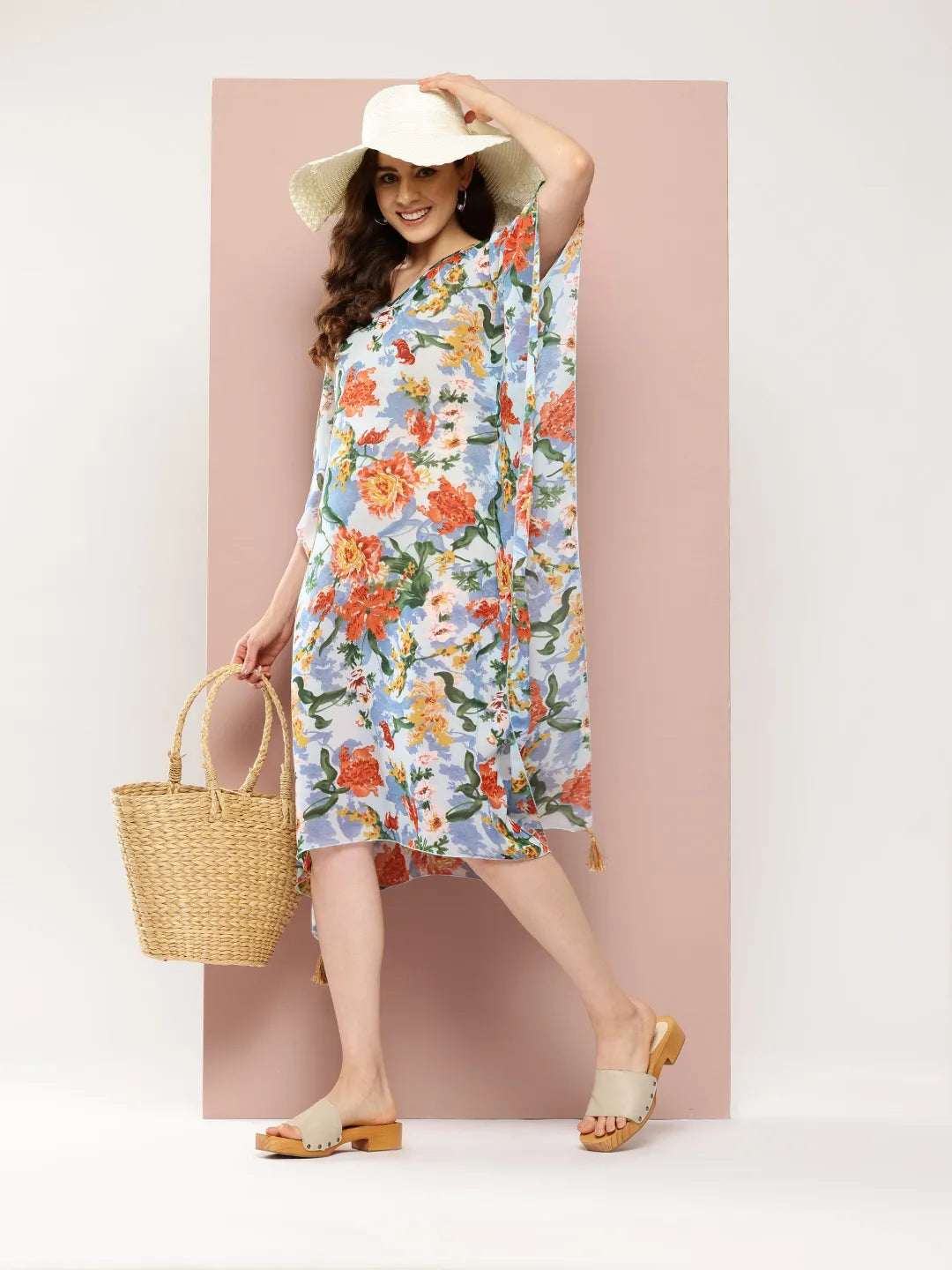 Blue and Rust floral kaftan dress
