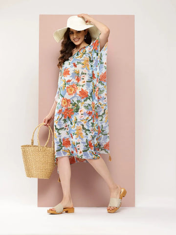 Blue and Rust floral kaftan dress