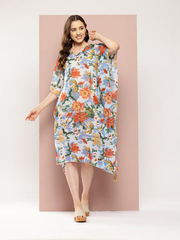 Blue and Rust floral below knee length kaftan dress