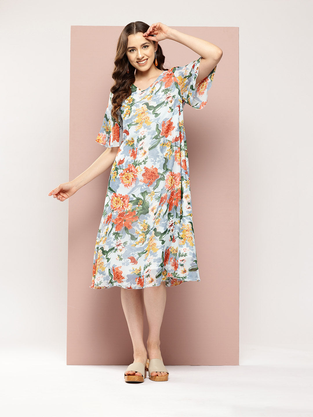 Blue and rust floral printed A-line summery dress