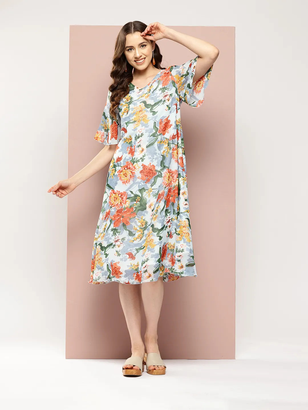 Blue and rust floral printed A-line summery dress