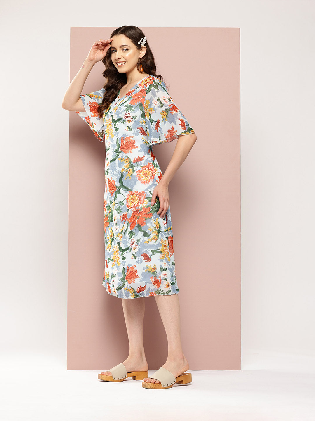 Blue and rust floral printed A-line summery dress