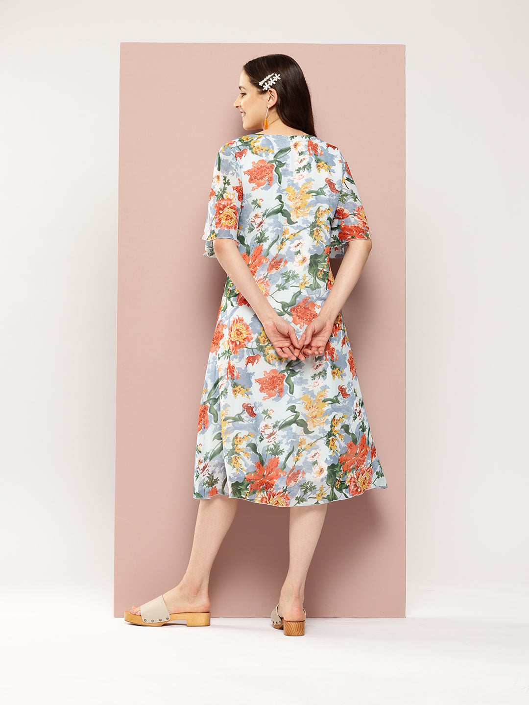 Blue and rust floral printed A-line summery dress